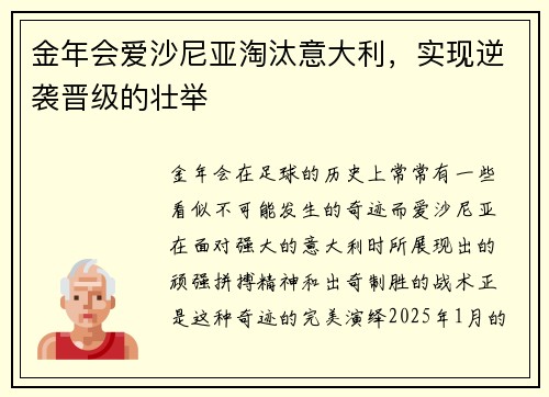 金年会爱沙尼亚淘汰意大利，实现逆袭晋级的壮举