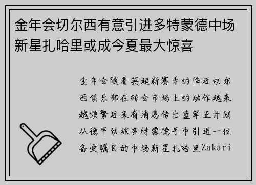 金年会切尔西有意引进多特蒙德中场新星扎哈里或成今夏最大惊喜